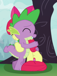 Size: 670x896 | Tagged: artist needed, source needed, useless source url, safe, apple bloom, spike, dragon, earth pony, pony, g4, apple bloom's bow, bow, cutie mark, duo, female, filly, hair bow, hug, male, ship:spikebloom, shipping, sky, smiling, straight, tree