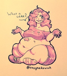 Size: 1506x1694 | Tagged: safe, artist:cozynakovich, pinkie pie, human, g4, belly, belly button, big belly, fat, female, humanized, messy, obese, piggy pie, pudgy pie, solo, stuffed