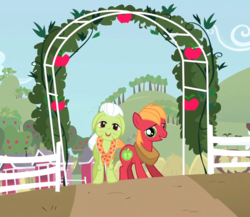 Size: 1092x950 | Tagged: safe, screencap, big macintosh, granny smith, earth pony, pony, g4, the cutie mark chronicles, colt, cropped, duo, female, grandmother and grandchild, male, mare, younger