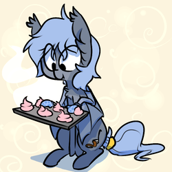 Size: 700x700 | Tagged: safe, artist:whydomenhavenipples, oc, oc only, oc:panne, bat pony, bat pony oc, cupcake, female, food, mare, oven mitts, solo, wing hands