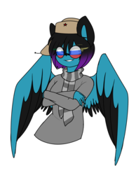 Size: 1401x1807 | Tagged: safe, artist:despotshy, oc, oc only, oc:despy, pegasus, anthro, clothes, female, hat, mare, scarf, simple background, solo, sunglasses, sweater, transparent background, ushanka