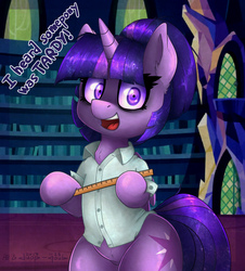 Size: 1312x1449 | Tagged: safe, artist:duop-qoub, artist:pabbley, twilight sparkle, alicorn, pony, descended twilight, g4, alternate hairstyle, bipedal, clothes, collaboration, dialogue, female, hair bun, imminent spanking, implied femdom, looking at you, mare, open mouth, ruler, shirt, shrunken pupils, smiling, solo, this will end in pain, twilight sparkle (alicorn), twilight's castle, wide hips
