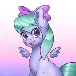 Size: 3543x3543 | Tagged: safe, artist:pitchyy, flitter, pegasus, pony, g4, background pony, bow, cute, ear fluff, eye clipping through hair, eyebrows, female, flitterbetes, floating wings, gradient background, hair bow, high res, looking at you, mare, open mouth, sitting, small wings, smiling, solo
