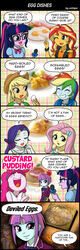 Size: 800x2500 | Tagged: safe, artist:uotapo, applejack, fluttershy, pinkie pie, rainbow dash, rarity, sci-twi, sunny flare, sunset shimmer, twilight sparkle, equestria girls, g4, my little pony equestria girls: better together, clothes, comic, cooking, crossover, crystal prep academy uniform, deviled eggs, dialogue, egg, eyes closed, eyeshadow, fallout, fallout 4, fallout: new vegas, fangirl, freckles, gamer girl, makeup, microphone, nerd, nose in the air, one eye closed, open mouth, pipboy, school uniform, smiling, speech bubble