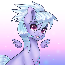 Size: 3543x3543 | Tagged: safe, artist:pitchyy, cloudchaser, pegasus, pony, g4, female, floating wings, gradient background, grin, high res, looking at you, mare, sitting, small wings, smiling, solo