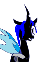Size: 793x1122 | Tagged: safe, artist:eastonfimfiction, oc, oc only, changeling, changeling queen, blue changeling, changeling oc, changeling queen oc, female, looking at you, one eye closed, simple background