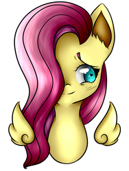Size: 750x1000 | Tagged: safe, artist:doodlescribs, fluttershy, pegasus, pony, g4, blushing, bust, female, floating wings, hair over one eye, looking away, looking sideways, portrait, simple background, smiling, solo, white background, wings