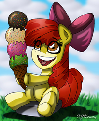 Size: 550x670 | Tagged: safe, artist:xjkenny, apple bloom, earth pony, pony, g4, adorabloom, bow, cloud, cute, female, filly, food, grass, hair, hair bow, happy, ice cream, open mouth, outdoors, red hair, red tail, sitting, sky, smiling, solo, sprinkles, tail