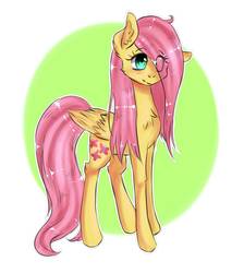 Size: 1310x1460 | Tagged: safe, artist:amybeam, fluttershy, pegasus, pony, g4, chest fluff, ear fluff, eye clipping through hair, female, folded wings, hair over one eye, smiling, solo, standing