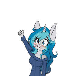 Size: 500x549 | Tagged: safe, artist:silverfox057, oc, oc only, oc:bubble lee, oc:imago, changeling, unicorn, anthro, :3, animated, anthro oc, blood, blushing, clothes, disguise, disguised changeling, fangs, freckles, nosebleed, simple background, solo, sweater, thumbs up, transformation, transparent background