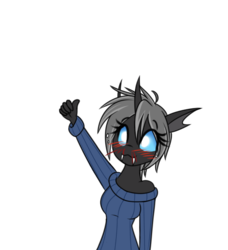 Size: 500x549 | Tagged: safe, artist:silverfox057, oc, oc only, oc:imago, changeling, anthro, anthro oc, blood, changeling oc, clothes, fangs, female, nosebleed, simple background, smiling, solo, sweater, thumbs up, transparent background
