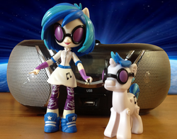Size: 2465x1936 | Tagged: safe, artist:grapefruitface1, derpibooru exclusive, dj pon-3, vinyl scratch, equestria girls, g4, boombox, cd player, doll, equestria girls minis, female, figure, irl, merchandise, my little pony pop!, photo, self ponidox, shoes, sneakers, solo, space background, toy