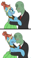 Size: 1073x2000 | Tagged: safe, artist:jh, meadowbrook, oc, oc:anon, earth pony, human, pony, g4, 2 panel comic, bipedal, blushing, canon x oc, clothes, comic, dress, eye contact, eyes closed, female, hair bun, hug, human male, human male on mare, human on pony action, interspecies, kiss on the lips, kissing, looking at each other, male, mare, necktie, open mouth, simple background, straight, white background