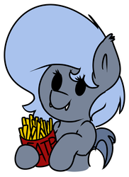 Size: 800x1100 | Tagged: safe, artist:coatieyay, oc, oc only, oc:panne, bat pony, bat pony oc, female, food, french fries, mare, solo, that pony sure does love fries