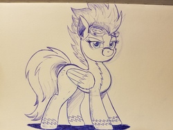 Size: 4032x3024 | Tagged: safe, artist:ncmares, spitfire, pegasus, pony, g4, clothes, female, goggles, high res, lineart, mare, monochrome, solo, traditional art, uniform, wonderbolts uniform
