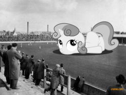 Size: 1024x768 | Tagged: safe, artist:somerandomminion, sweetie belle, human, pony, unicorn, g4, black and white, city, dundee, giant pony, grayscale, irl, macro, mega sweetie belle, monochrome, photo, ponies in real life, scotland, stadium