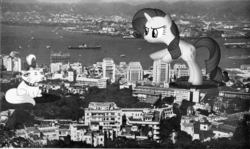 Size: 1257x751 | Tagged: safe, artist:somerandomminion, opalescence, rarity, pony, unicorn, g4, black and white, boat, building, city, dundee, giant pony, grayscale, irl, macro, mega rarity, monochrome, photo, ponies in real life, scotland