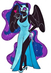 Size: 2450x3497 | Tagged: safe, artist:killerteddybear94, nightmare moon, alicorn, anthro, g4, beautiful, beautisexy, blowing a kiss, breasts, busty nightmare moon, clothes, cutie mark, dress, female, hand on hip, heart, high heels, high res, mare, nicemare moon, one eye closed, sexy, shoes, side slit, solo, sparkles, spread wings, stupid sexy nightmare moon, traditional art, wings, wink