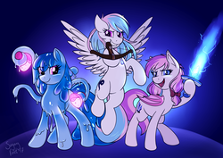 Size: 4092x2893 | Tagged: safe, artist:sugaryviolet, oc, oc only, oc:flowheart, oc:malina, oc:starburn, bat pony, goo pony, original species, pegasus, pony, backwards cutie mark, belly, bow, commission, crossbow, female, floating, flying, grin, hair bow, hoof hold, looking at you, mare, open mouth, pigtails, pose, potion, prehensile tail, round belly, smiling, spread wings, sword, tail, tail hold, trio, weapon, wings