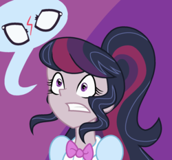 Size: 1557x1452 | Tagged: safe, artist:berrypunchrules, octavia melody, sci-twi, twilight sparkle, oc, oc only, oc:violet serenade, equestria girls, equestria girls series, g4, bowtie, broken, clothes, fusion, fusion:octavia melody, fusion:sci-twi, fusion:twilight sparkle, fusion:twitavia, glasses, pictogram, ponytail