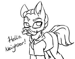 Size: 860x681 | Tagged: safe, artist:ggchristian, earth pony, pony, clothes, facial hair, hello neighbor, male, monochrome, moustache, mr. peterson, ponified, shirt, solo, stallion, the neighbor