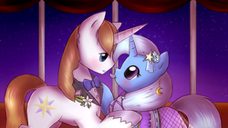Size: 1600x900 | Tagged: safe, artist:nika191319, prince blueblood, trixie, pony, unicorn, g4, bowtie, clothes, crack shipping, dress, female, looking at each other, male, mare, ship:bluetrix, shipping, stallion, straight