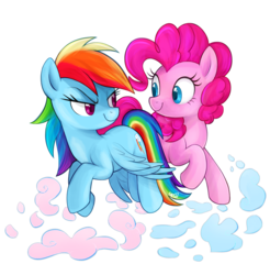 Size: 1280x1301 | Tagged: safe, artist:mn27, pinkie pie, rainbow dash, earth pony, pegasus, pony, g4, cute, dashabetes, diapinkes, duo, female, lesbian, looking at each other, mare, ship:pinkiedash, shipping, signature, simple background, smiling, spread wings, white background, wings