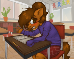 Size: 876x703 | Tagged: safe, artist:marsminer, oc, oc only, oc:venus spring, unicorn, anthro, blushing, braces, chair, classroom, clothes, cute, ear fluff, female, freckles, looking at you, pencil, plaid, plaid skirt, ponytail, sitting, skirt, smiling, solo, sweater, venus spring actually having a pretty good time, young