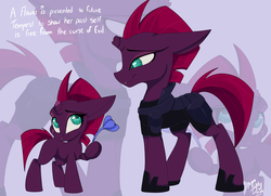 Size: 6449x4657 | Tagged: safe, artist:mistydash, fizzlepop berrytwist, tempest shadow, pony, unicorn, g4, my little pony: the movie, absurd resolution, armor, broken horn, chest fluff, eye scar, female, filly, filly tempest shadow, flower, hoof hold, hoof shoes, horn, mare, scar, smiling, younger, zoom layer