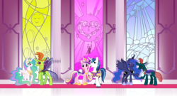 Size: 2656x1436 | Tagged: safe, artist:3d4d, pharynx, princess cadance, princess celestia, princess luna, shining armor, thorax, alicorn, changedling, changeling, pony, g4, blushing, changedling brothers, eyes closed, female, king thorax, lunarynx, male, mare, prince pharynx, ship:shiningcadance, shipping, smiling, straight, thoralestia