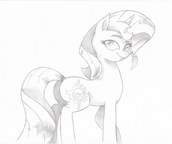 Size: 1005x843 | Tagged: safe, artist:saturdaymorningproj, sunset shimmer, pony, unicorn, g4, female, looking at you, mare, monochrome, pencil drawing, smiling, smug, solo, traditional art