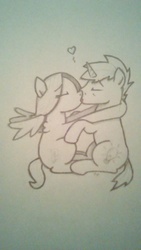 Size: 1440x2560 | Tagged: safe, artist:marebox, derpibooru exclusive, oc, oc only, pegasus, pony, unicorn, duo, eyes closed, female, kissing, male, mare, stallion, traditional art