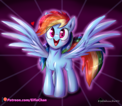 Size: 3000x2600 | Tagged: safe, artist:katakiuchi4u, rainbow dash, pegasus, pony, g4, cute, dashabetes, female, happy, heart, high res, looking at you, mare, open mouth, patreon, patreon logo, smiling, solo, spread wings, sunburst background, wings