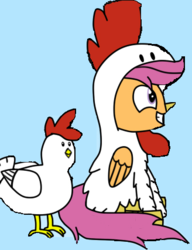 Size: 328x426 | Tagged: safe, artist:vanillaghosties, edit, scootaloo, chicken, pegasus, pony, g4, animal costume, chicken suit, clothes, costume, cropped, cute, cutealoo, happy, scootachicken, silly, silly pony