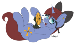 Size: 2038x1200 | Tagged: safe, artist:kundofox, oc, oc only, oc:raspberry breeze, pony, unicorn, 2018 community collab, derpibooru community collaboration, bow, cutie mark, electric fan, fan, female, glasses, lying down, mare, on back, open mouth, piercing, simple background, solo, transparent background