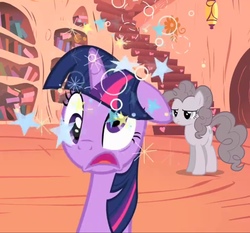 Size: 1234x1151 | Tagged: safe, screencap, pinkie pie, twilight sparkle, earth pony, pony, unicorn, g4, the return of harmony, circling stars, concussion, derp, discorded, dizzy, female, frown, golden oaks library, mare, meanie pie