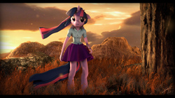 Size: 9600x5400 | Tagged: safe, artist:imafutureguitarhero, twilight sparkle, anthro, pony head on human body, unguligrade anthro, equestria girls, g4, 3d, absurd resolution, bipedal, black bars, clothes, cloud, dress, female, film grain, grass, hand, horn, letterboxing, mountain, particles, shirt, signature, solo, source filmmaker, tail, tree, twilight sparkle's skirt, watch, wings