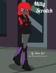 Size: 1582x2048 | Tagged: safe, artist:shinta-girl, oc, oc only, oc:milly scratch, equestria girls, g4, alone, annoyed, boots, clothes, controller, crossed arms, cutie mark on clothes, door, dualshock controller, eyelashes, eyeshadow, female, frown, jacket, leather jacket, legs, lonely, makeup, miniskirt, night, red and black oc, red eyes, red hair, serious, serious face, shadow, shirt, shoes, sidewalk, skirt, solo, store, street, t-shirt, walking, window