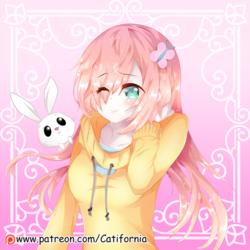 Size: 1100x1100 | Tagged: safe, artist:catifornia, angel bunny, fluttershy, human, g4, clothes, female, hairclip, hoodie, humanized, patreon, patreon logo, solo