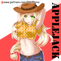 Size: 1100x1100 | Tagged: safe, artist:catifornia, applejack, human, g4, arm behind head, armpits, belly button, clothes, female, hat, humanized, midriff, patreon, patreon logo, shirt, solo