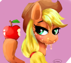 Size: 888x792 | Tagged: safe, artist:pediastrum, applejack, earth pony, pony, g4, simple ways, apple, cowboy hat, female, food, hat, mare, messy eating, solo, stetson