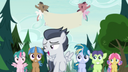 Size: 1280x720 | Tagged: safe, edit, edited screencap, screencap, kettle corn, mocha berry, rumble, skeedaddle, tulip swirl, pegasus, pony, g4, marks and recreation, blank, blank flanks forever, colt, equal town banner, equal town banner meme, forest, male, meme