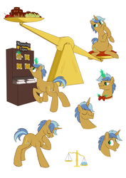 Size: 2480x3507 | Tagged: safe, artist:mellowhen, oc, oc only, oc:sure survey, pony, unicorn, cake, candied apple, cupcake, donut, expressions, food, high res, levitation, magic, male, reference sheet, scale, solo, stallion, telekinesis
