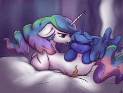 Size: 1600x1213 | Tagged: safe, artist:penny-wren, princess celestia, princess luna, g4, blushing, duo, duo female, eyes closed, female, filly, floppy ears, lying down, royal sisters, sleeping, wingless, woona, younger
