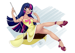 Size: 2700x1900 | Tagged: safe, artist:ponut_joe, twilight sparkle, human, sweet and elite, armpits, birthday dress, blue hair, breasts, clothes, cute, dress, female, high heels, humanized, leg focus, legs, light skin, long hair, looking away, multicolored hair, open mouth, outdoors, pink hair, purple hair, ribbon, sandals, shoes, small breasts, smiling, solo, sundress, swing, thighs, twiabetes, yellow dress