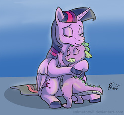 Size: 900x836 | Tagged: safe, artist:animatorwil, spike, twilight sparkle, alicorn, dragon, pony, g4, baby, baby dragon, cute, cutie mark, eyes closed, female, folded wings, horn, hug, male, mama twilight, mare, scales, signature, smiling, spikabetes, spikelove, twiabetes, twilight sparkle (alicorn), watermark, wings