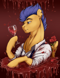Size: 1000x1300 | Tagged: safe, artist:makkah, flash sentry, pegasus, pony, g4, alcohol, clothes, cup, flower, glass, hoof hold, male, piercing, ring, rose, solo, wine