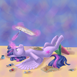Size: 1000x1000 | Tagged: safe, artist:theorderofalisikus, twilight sparkle, alicorn, pony, g4, book, bored, female, implied lesbian, implied shipping, implied twidash, magic, mare, on back, painting, palette, solo, telekinesis, twilight sparkle (alicorn)
