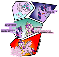 Size: 1256x1200 | Tagged: safe, artist:sneshpone, princess cadance, princess flurry heart, twilight sparkle, pony, g4, the crystalling, baby, baby pony, comic, double wings, female, mother and daughter, multiple wings, piercing, pregdance, pregnant, semi-vulgar, simple background, transparent background