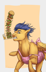 Size: 900x1400 | Tagged: safe, artist:makkah, flash sentry, pegasus, pony, g4, bun (food), burger, cheese, clothes, drink, flash hunktry, food, glass, hamburger bun, lettuce, male, mouth hold, onion, solo, stallion, straw, tomato, tray